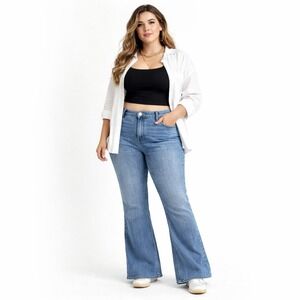 FOREVER 21 Curved Flare Jean Plus Sz 18 Blue Denim Stretch Baggy Loose 90s Y2K